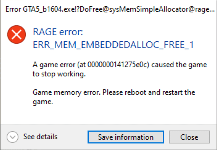 ERR_MEM_EMBEDDEDALLOC_FREE_1 Error - FiveM Client Support - Cfx Forum