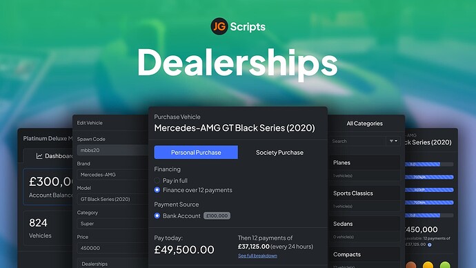 [QB/Qbox/ESX] JG Dealerships - Self service or player owned, display vehicles, financing, test drives and more! Thumbnail
