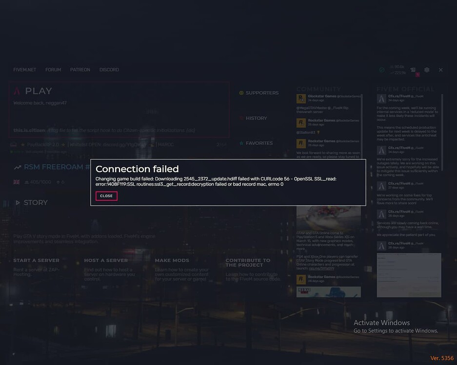 connection failed when changing the game build FiveM Client Support
