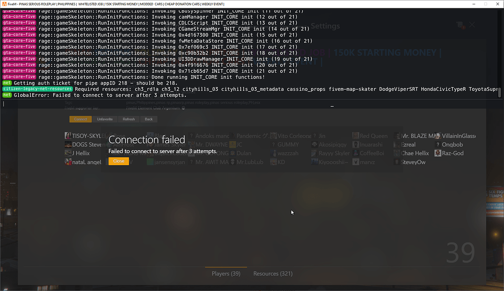Failed to connect to server after 3 attempts issue fivem client