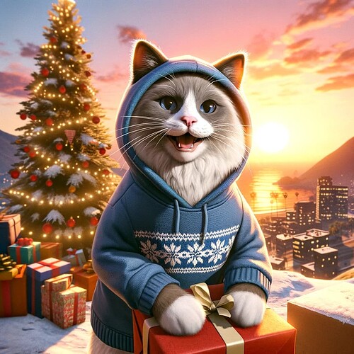 DALL·E 2023-12-24 08.01.16 - A blue pointed Ragdoll cat, wearing a hoodie, looking super happy and smiling broadly, standing a bit farther from the camera in a snowy scene near a