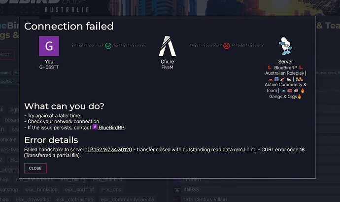 Connection Failed, Failed handshake to server - FiveM Client Support ...
