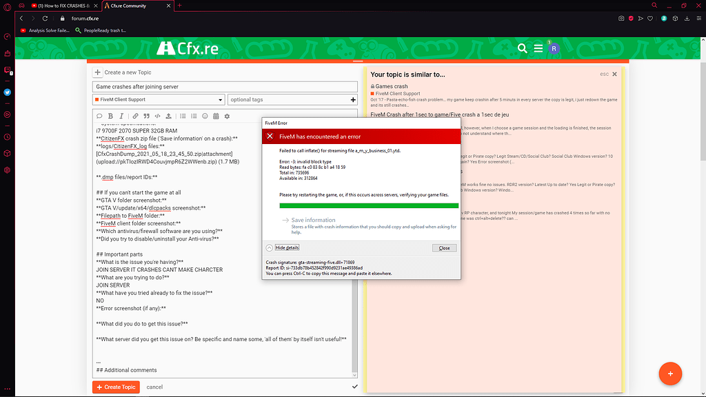 Game crashes after joining server - FiveM Client Support - Cfx.re Community
