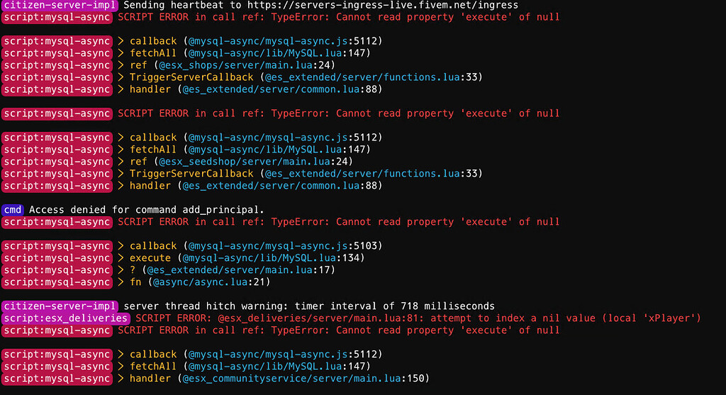 Need help My Sql Async coming up with errors in server starter - ES/ESX ...