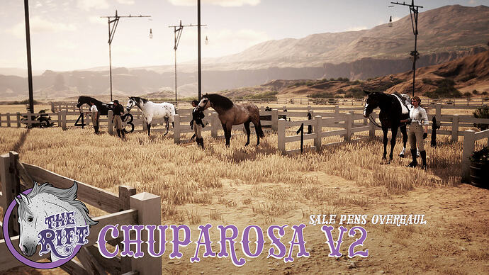 Numbered sale pens with horses and handlers at the Chuparosa V2 overhaul on The Rift RedM Equestrian server