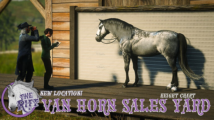 Horse measured against the height chart in the Van Horn Sales Yard stable on The Rift RedM server