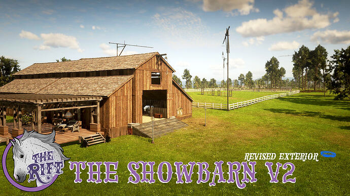 Exterior view of The Showbarn V2 barn and fenced pastures on The Rift RedM server