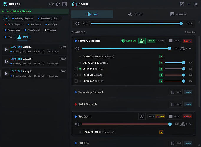 Fig. 19: Dispatch radio panel displaying multiple channels with active communications