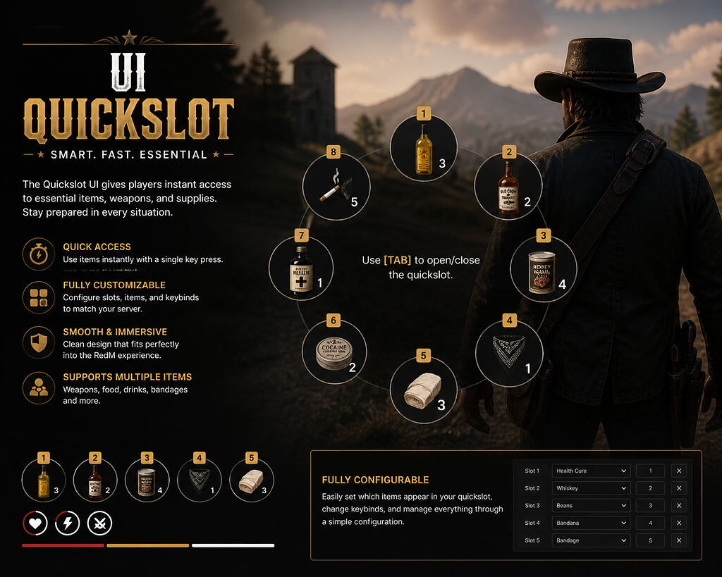 [PAID][RedM][VORP] MJ-QuickSlot - Immersive Item Hotbar & UI/UX - RedM ...