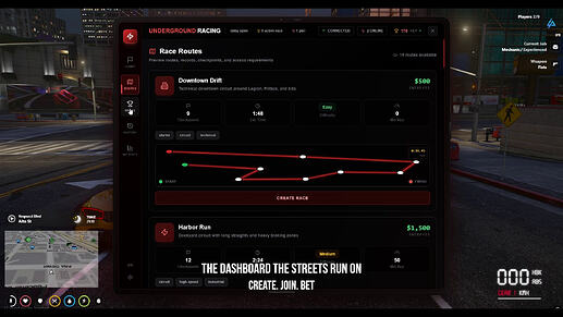 Racing panel Routes Tab