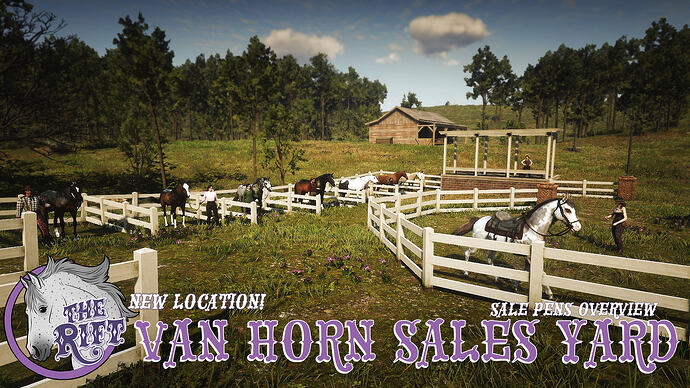 Horses and riders gathered in the new Van Horn Sales Yard sale pens on The Rift RedM server