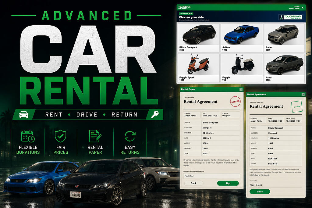 [FREE] [ESX/QB] Advanced Car Rental-FiveM插件网