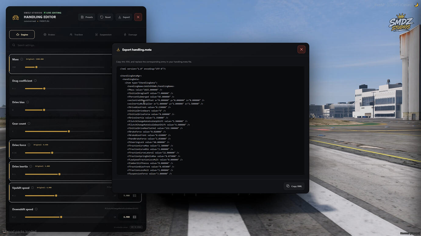 [免费] SMDZ Handling Editor — 可视化车辆调校与 handling.meta 导出