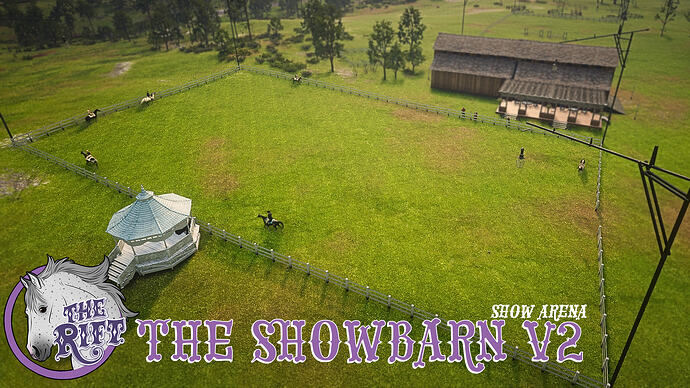 Aerial view of The Showbarn V2 show arena with riders and a gazebo on The Rift RedM Equestrian server