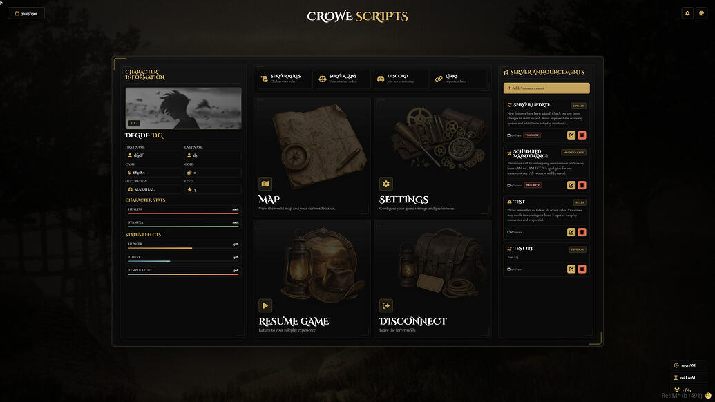 [VORP] Crowe Pause Menu v2 - RedM Releases - Cfx.re Community
