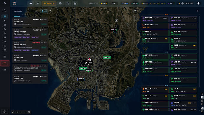 Fig. 12: Display of the Live Map in full action, calls on the left, units on the right