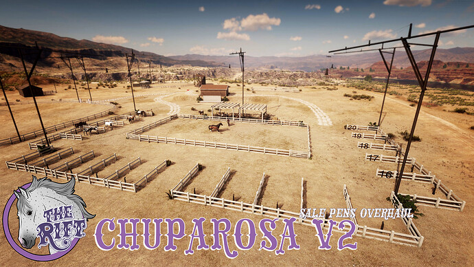 Aerial view of the Chuparosa V2 sale pens overhaul showing numbered pens and arena on The Rift RedM server