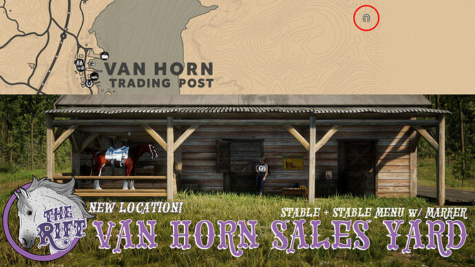 Map showing the Van Horn Sales Yard location near Van Horn Trading Post, with the new stable and stable menu on The Rift RedM server