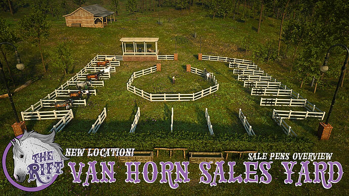 Aerial view of the Van Horn Sales Yard sale pens and arena layout on The Rift RedM Equestrian server