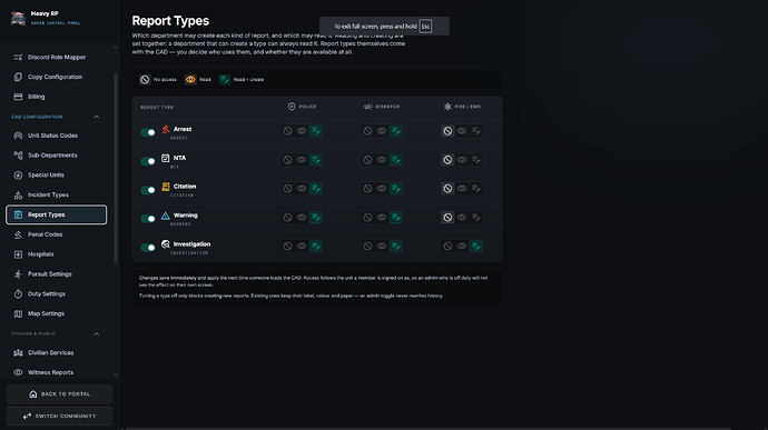 Fig. 22: Admin settings for report types and visibility