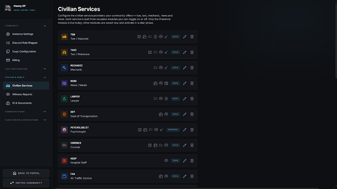 Fig. 4: Overview of the civilian services control panel for admins