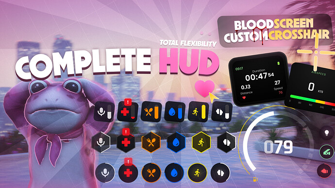 [PAID] PinkFrog Hud | Custom Crosshair, Blood screen effects, realistic car crash screen effect, stress system, 5 styles, recognition for vehicle class in speedometer Thumbnail