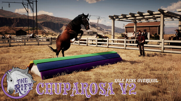 Horse jumping a colorful cross-country obstacle at the Chuparosa V2 sale pens overhaul on The Rift RedM server