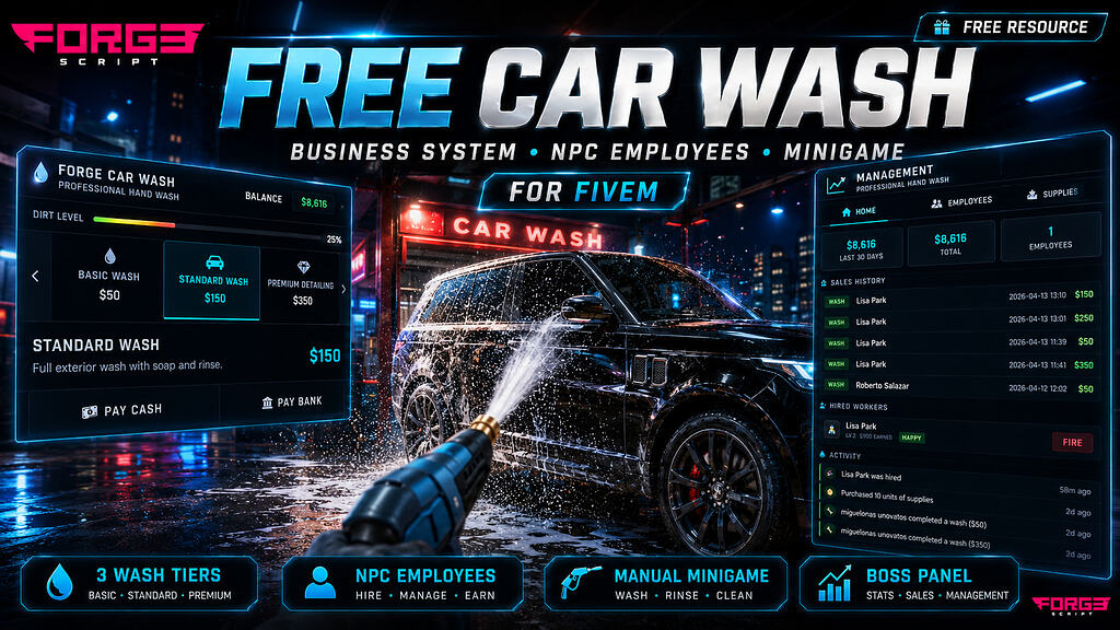 [免费]洗车|业务系统、NPC员工和现实迷你游戏| ESX&QB核心-FiveM插件网
