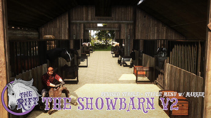 Interior aisle of The Showbarn V2 stable showing horse stalls and a rider preparing a saddle on The Rift RedM server