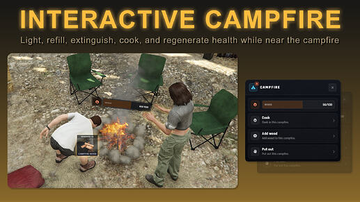 FiveM Camping Script - INTERACTIVE CAMPFIRE - Light, refill, extinguish, cook, and regenerate health while near the campfire