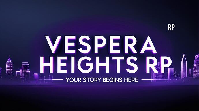 Professional sleek text VESPERA HEIGHTS RP with tagline YOUR STORY BEGINS HERE in elegant purple and pink neon glow, clean modern typography, polished design, sophisticated lighting effects, sharp city skyline