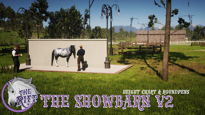 Horse measured at the height chart outside The Showbarn V2 on The Rift RedM Equestrian server, with roundpens visible in the background