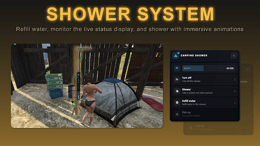 FiveM Camping Script - SHOWER SYSTEM - Refill water, monitor the live status display, and shower with immersive animations