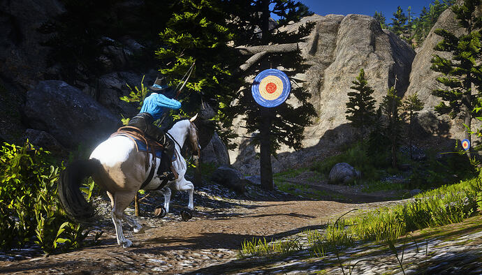 Rider on a piebald horse practicing mounted archery at a target range on The Rift RedM Equestrian server