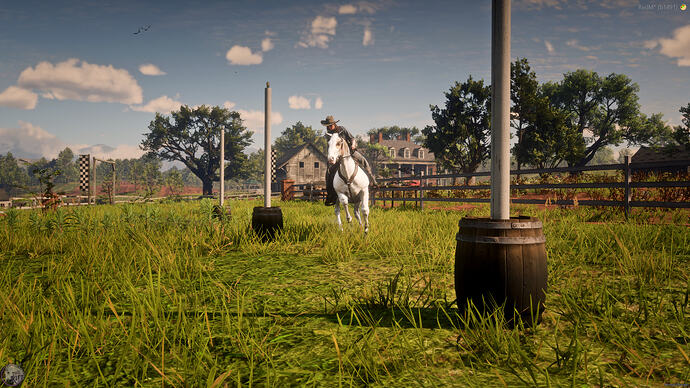 Rider on a paint horse racing through the pole bending course at Braithwaite Manor on The Rift RedM Equestrian server