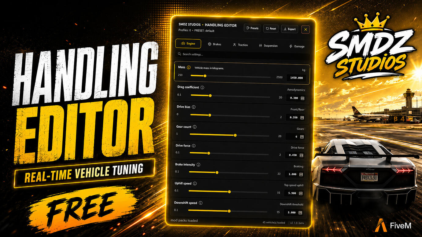 [免费] SMDZ Handling Editor — 可视化车辆调校与 handling.meta 导出