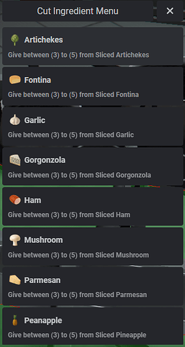 Cut Ingredient Menu