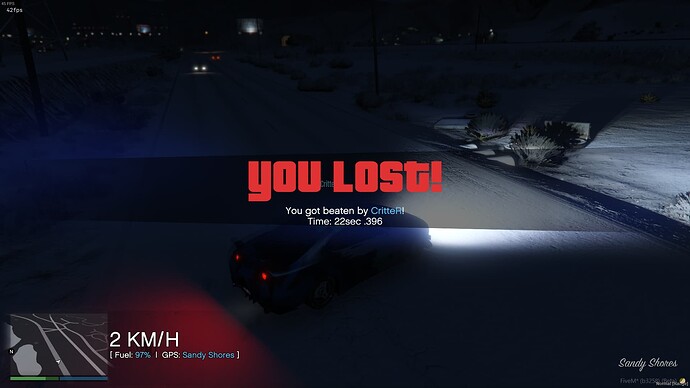 "You Lost" banner, showing you the finish time for the winner