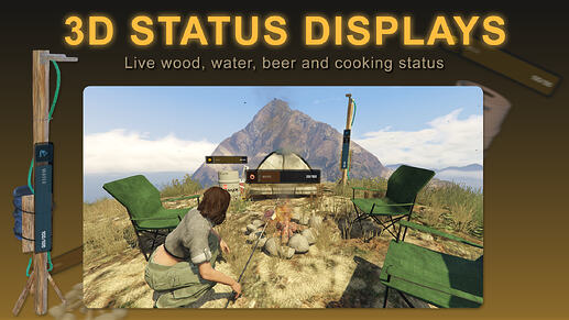 FiveM Camping Script - 3D STATUS DISPLAYS - Live wood, water, beer and cooking status