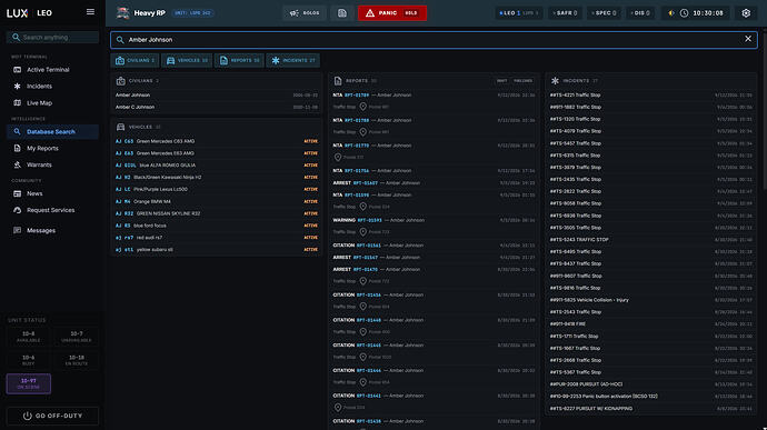 Fig. 9: Full database search showing results for people, vehicles, previous arrests & prior incidents