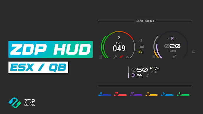[QBCore/ESX] ZDP Hud - Auto Hidden HUD + 3 Car Hud in 1 Thumbnail