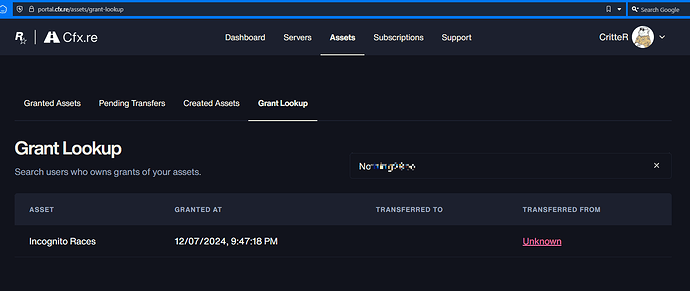 Grant Looktup on Cfx Portal