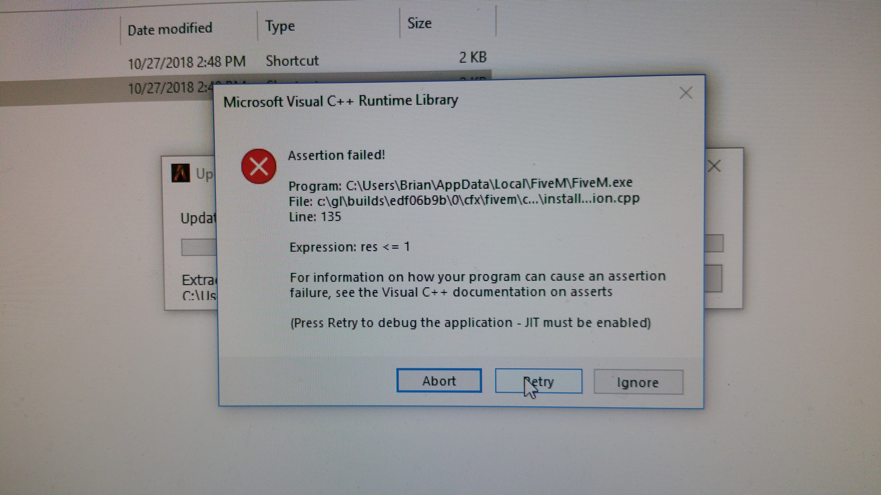 I downloaded, it updates but then assertion error - FiveM Client ...