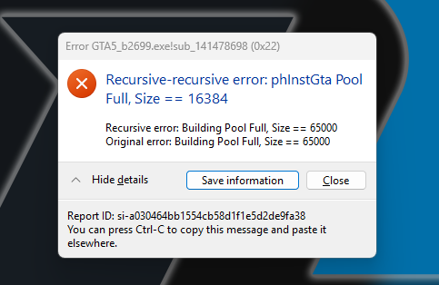 Pool Size Crash phlnstGta Pool Full, Size == 16384 - FiveM Pool Size Crash phlnstGta Pool Full, Size == 16384 - FiveM