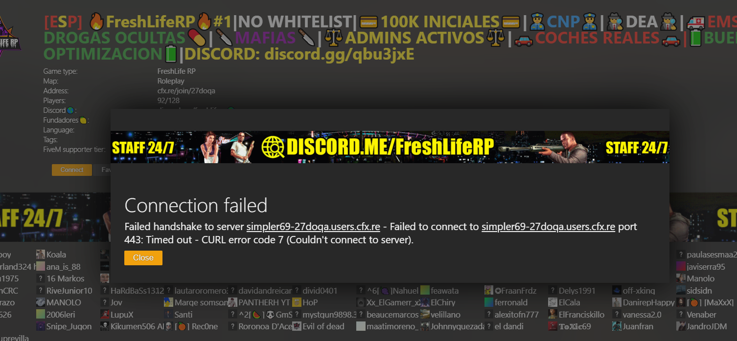 Failed handshake to server CURL error code 7 - FiveM Client Support ...