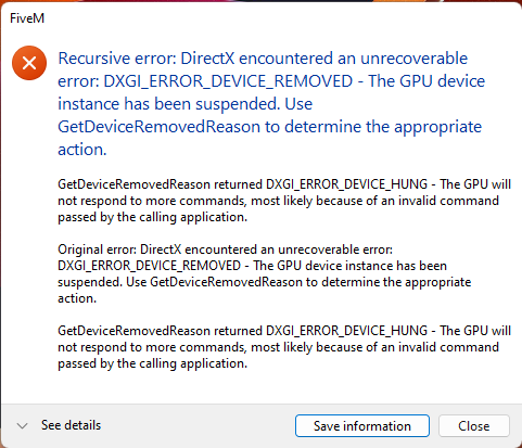 DirectX encountered an unrecoverable error - FiveM Client Support 