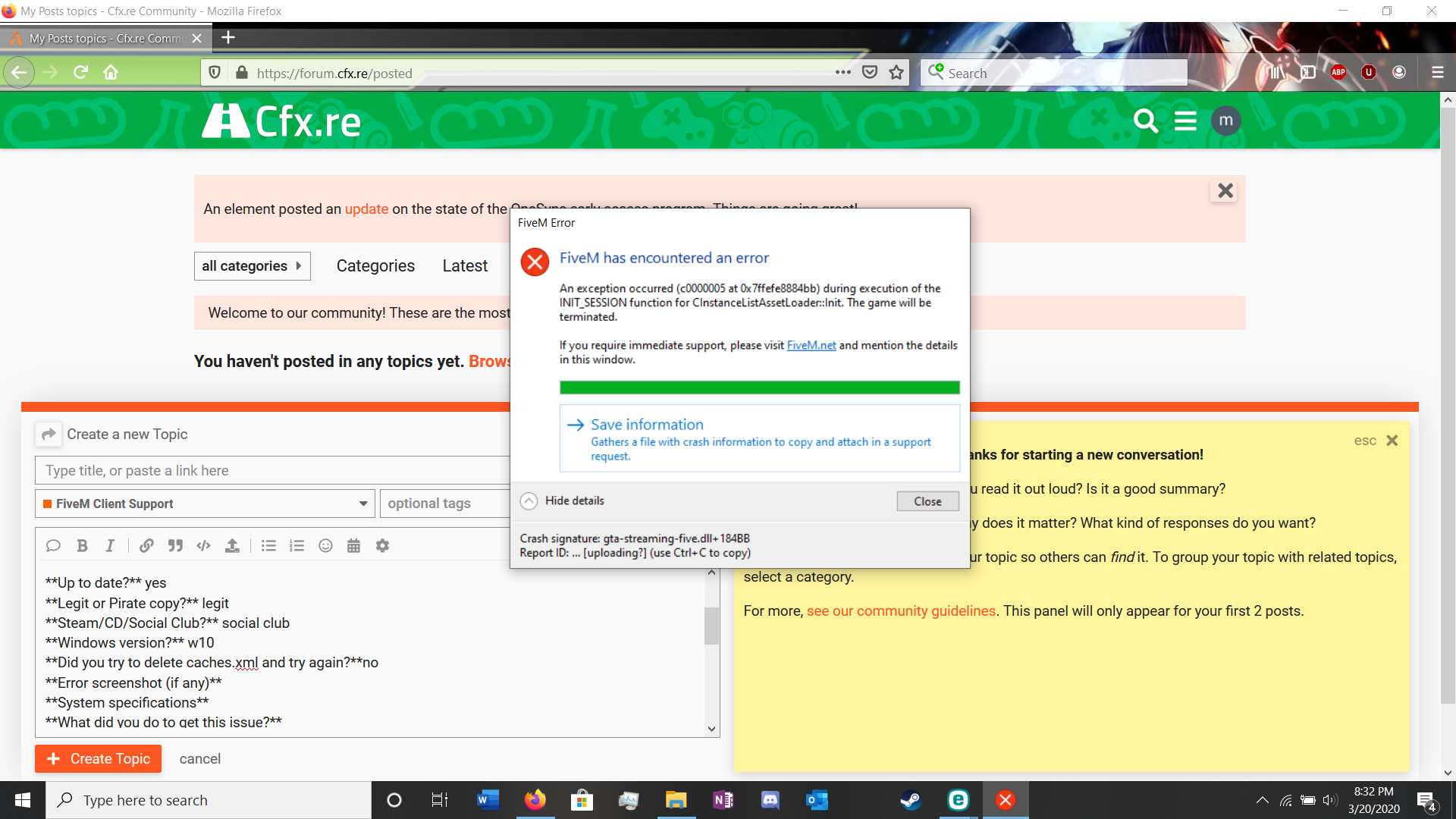 Game crashes on server start - FiveM Client Support - Cfx.re Community