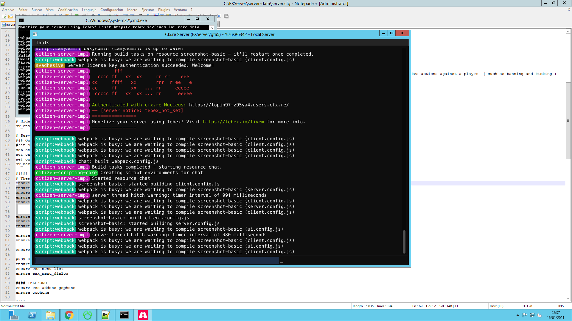 I have an error when starting the server and then when entering the ...