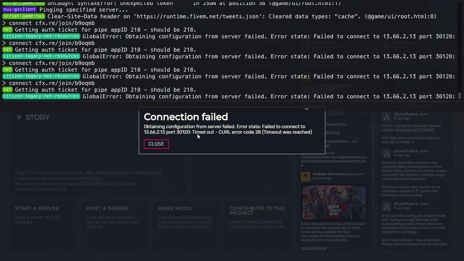 Obtaining configuration from server failed. Error state: Failed to 