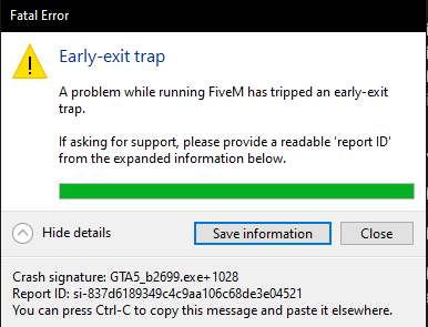 My game keeps crashing and giving me the "Early-exit trap" error ...